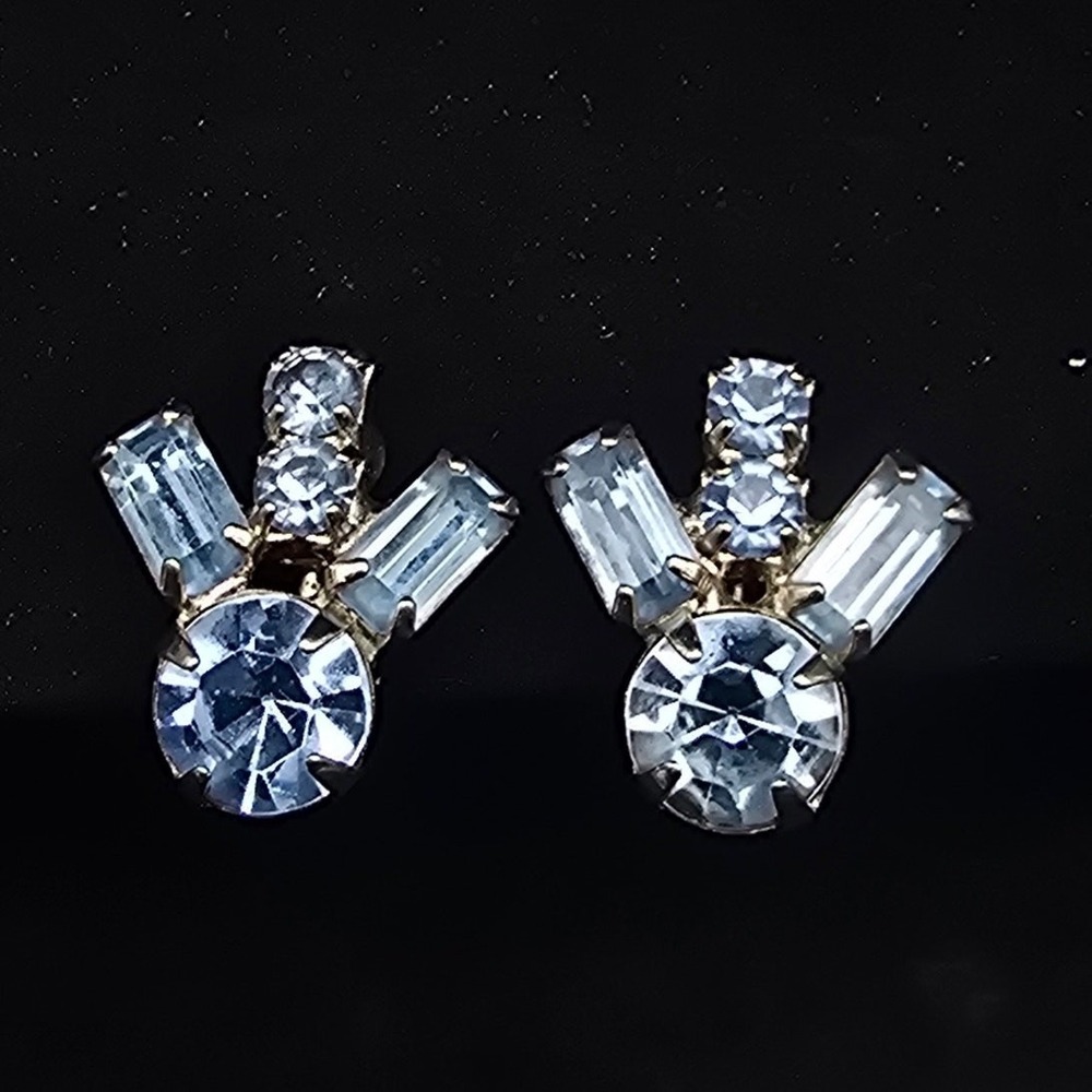 Blue Rhinestone Screw Back Earrings Vintage Glam Costume Jewelry